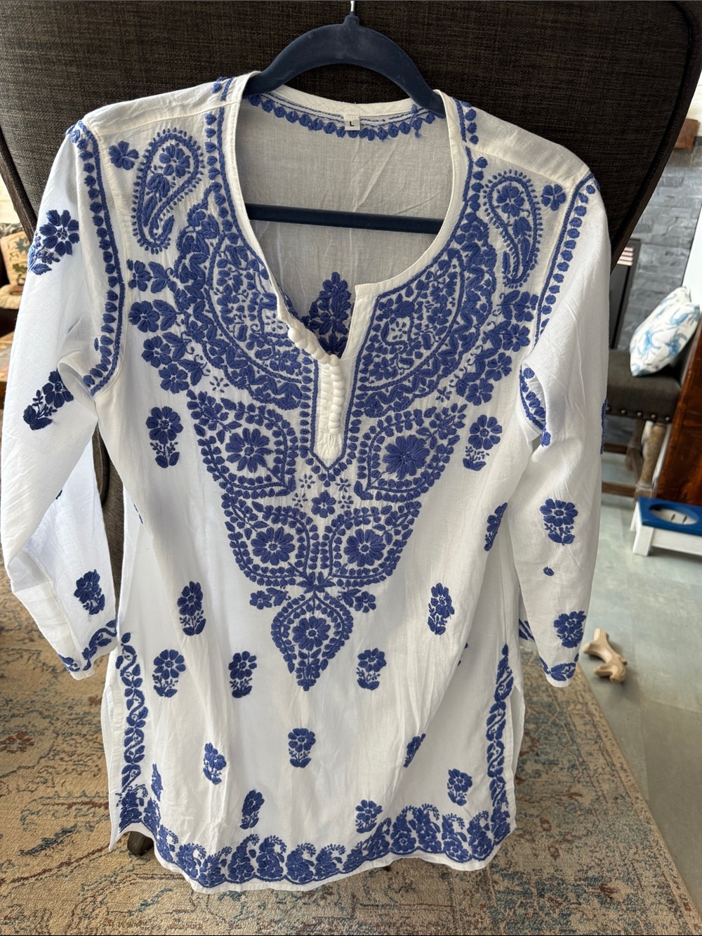 White Tunic Dress with Blue Embroidery from Mexico